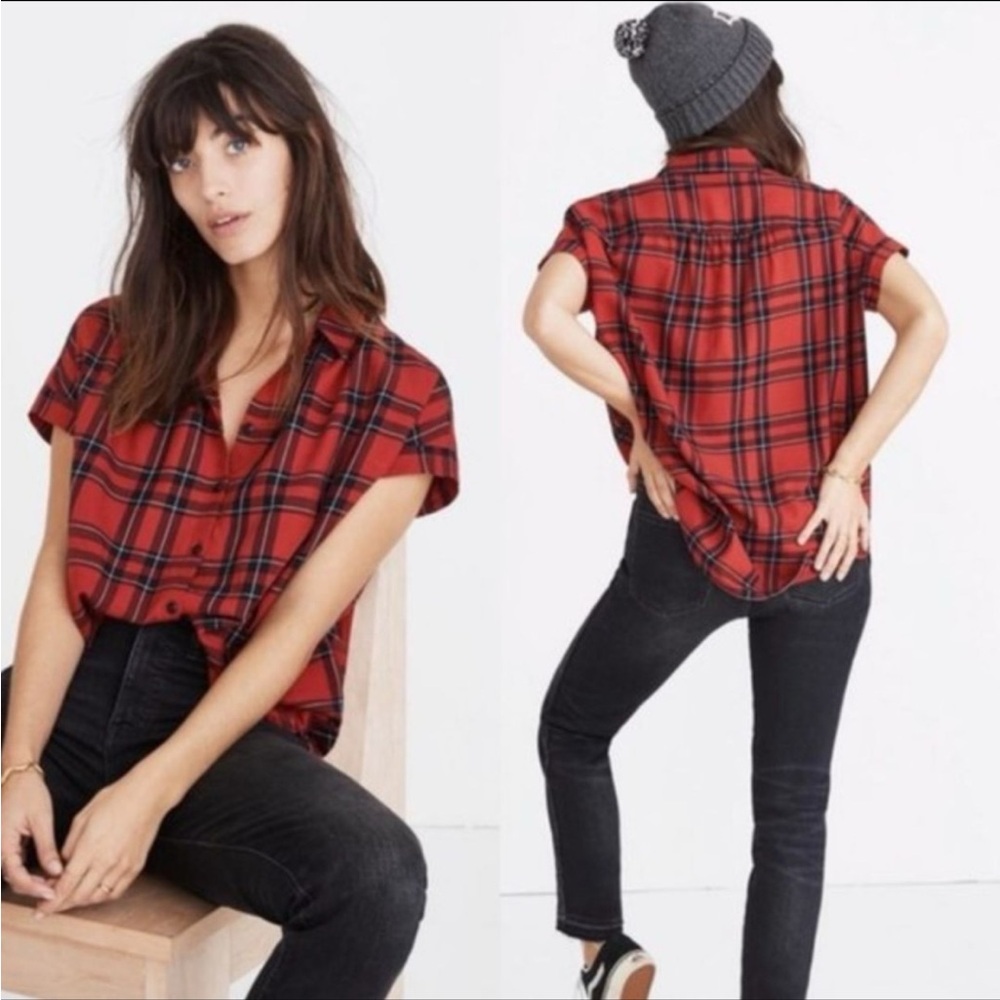 Madewell Central Shirt Dahl Plaid Red Buttondown Blouse Shirt Size M 100% Cotton